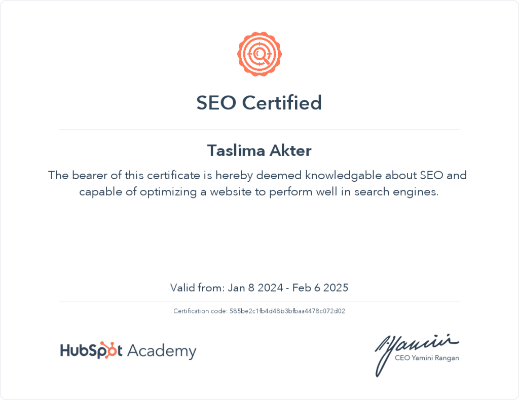 SEO Certificate Hubspot